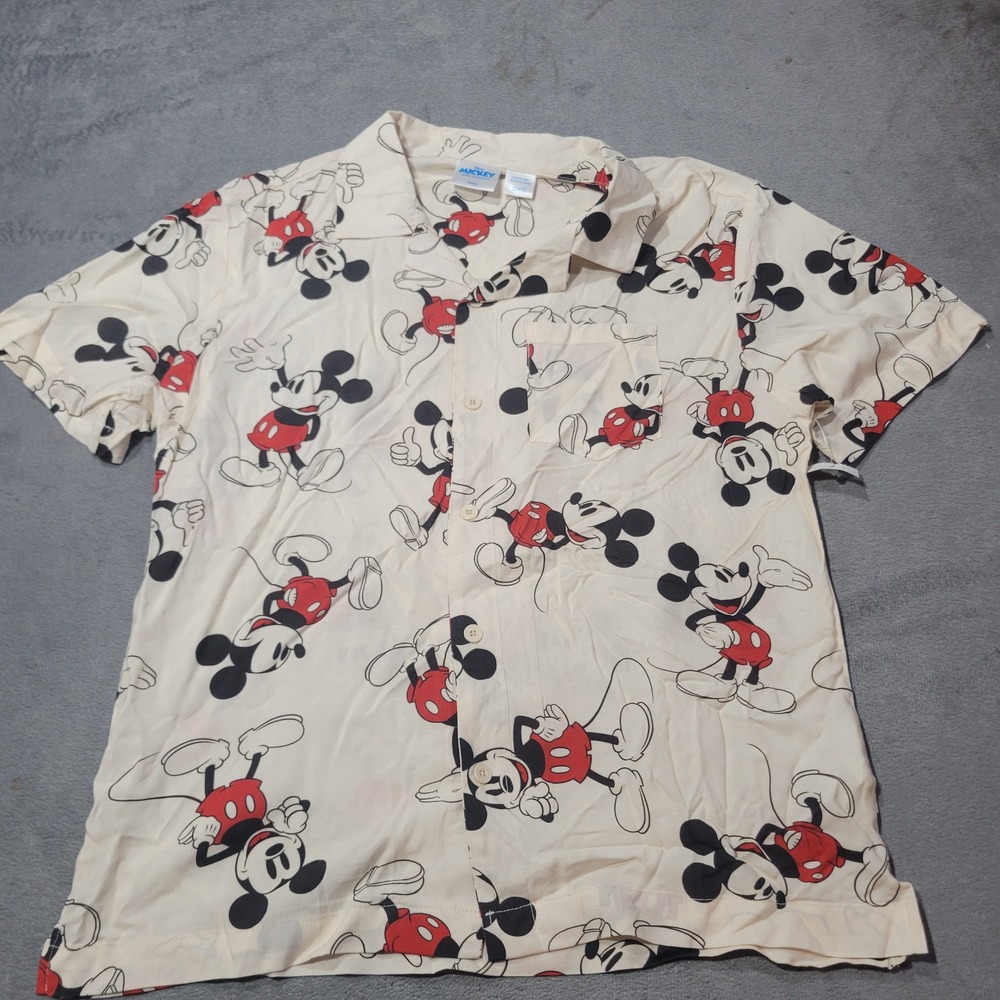 Disney Mickey Mouse Shirt Mens Small Cream Rayon Short Sleeve All Over Print S